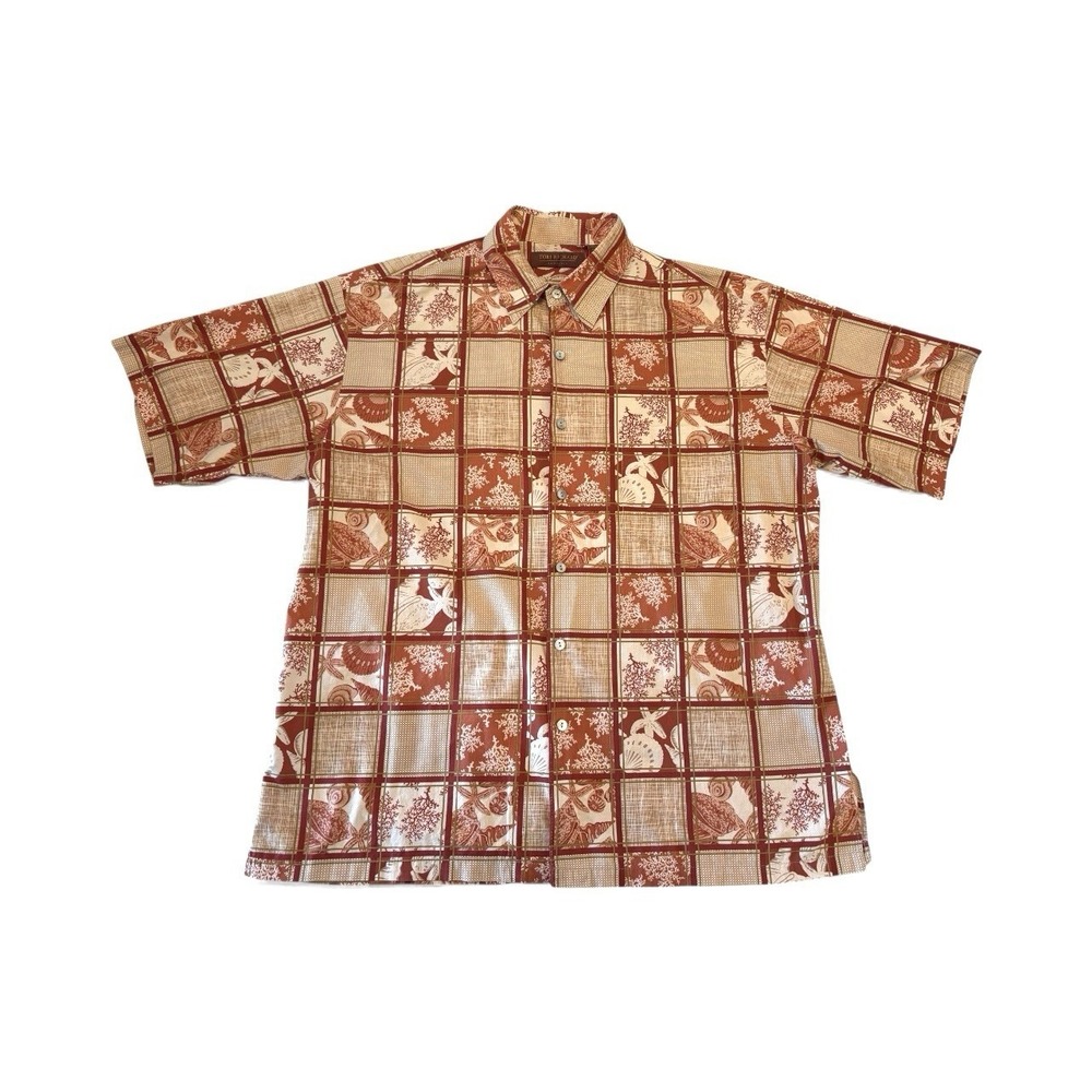Tori Richard Shirt Mens L Brown Coastal Button Up Short Sleeve Hawaiian‎ Cotton